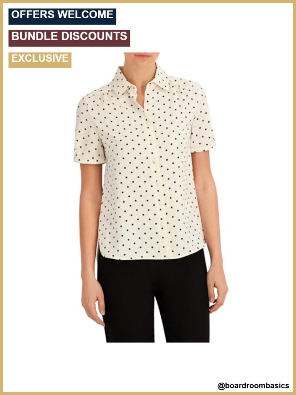 Anne Klein Polka Dot Button Front Blouse - Cap Sleeve, Collared, Dry Clean Only